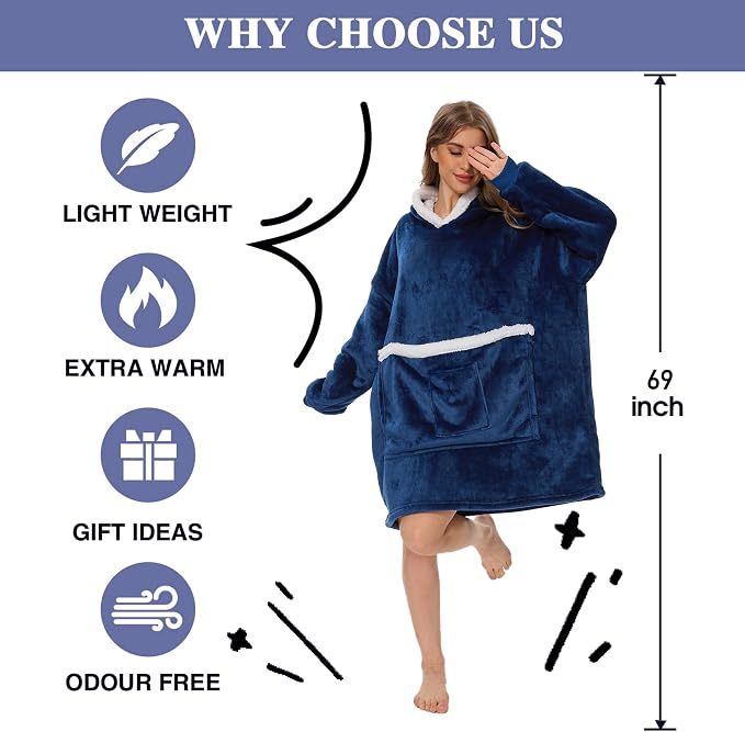 Wearable Blanket Hoodie with Giant Pocket, Soft Warm Sherpa Fleece Oversized - Image 3
