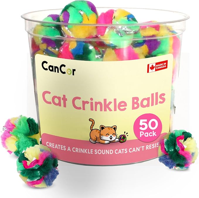 Cat Crinkle Balls 1.5 Inch | 50 Pack | Soft Lightweight Indoor Cat Toys by CanCorInnovations
