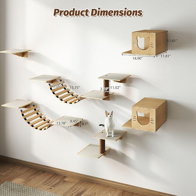 COZIWOW Cat Wall Shelves, 8-In-1 Cat Wall Furniture Set, Wood Large Cat Shelves - Image 7
