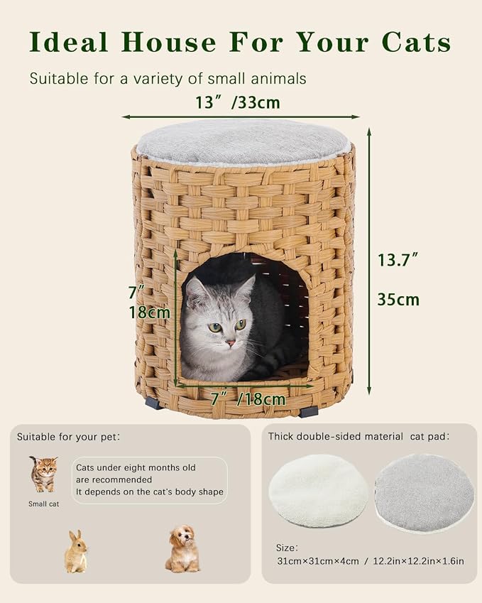 Cat House for Indoor Cat, Small Cat Houses Handwoven PE Rattan Kitten Cave - Image 5