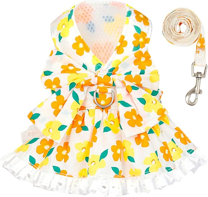 Dog Harness Dress Leash Set for Small Dog Summer Clothes Girl Female Puppy Cats by ABRRLO