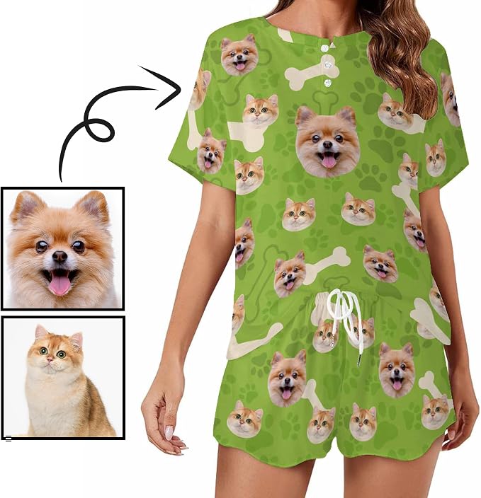 Custom Short Pajamas Set with Face Photo Women‘s Sleepwear Tee Personalized PJ - Image 2