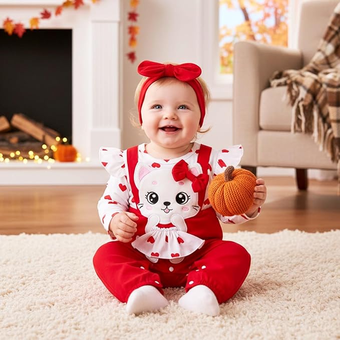 Baby Girl Clothes Newborn Romper Cute Cat Ruffled Long Sleeve Love Fall Winter - Image 2