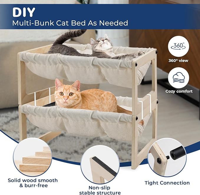 Cat Bed with Removable Washable Cushion, 9.5" Elevated Wooden Cat Hammock Bed - Image 3