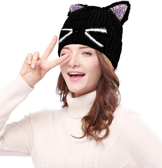 Bellady Mother Children Sequin Cat Ears Hats Warm Knit Crochet Beanies Cute - Image 4