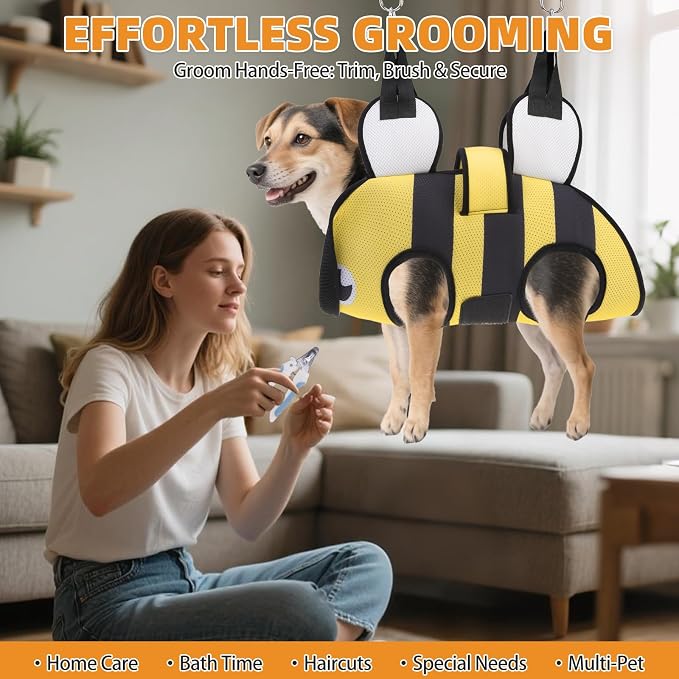 Dog Grooming Hammock for Small Dogs Cats, Cute Bee Design Dog Hanging Harness - Image 9