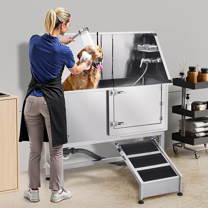 VEVOR Stainless Steel Dog Washing Station, Professional 62 inch Pet Grooming Tub w/Ramp, PE Water Filter Board, Faucet & Showerhead & Soap Holder Bathtub for Large & Medium & Small Pets (Right Door) - Image 8