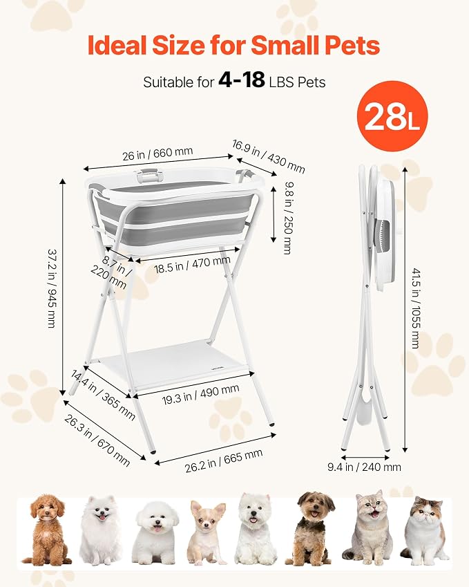 VEVOR Dog Bathtub, Elevated Dog Bath Tub, 2 in 1 Collapsible Pet Bathing Grooming Wash Station, Portable Foldable Space-Saving, Built-in Drain Outlet with Drain Hose for Small Pet Cat, Gray & White - Image 2