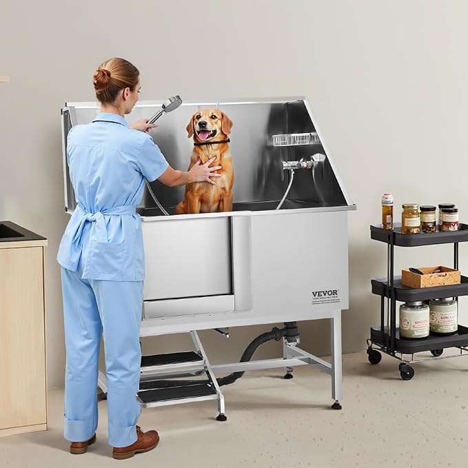 VEVOR Stainless Steel Dog Washing Station, Professional 50 inch Pet Grooming Tub w/Stairs, PE Water Filter Board, Faucet & Showerhead & Soap Holder Bathtub for Large & Medium & Small Pets (Left Door) - Image 8
