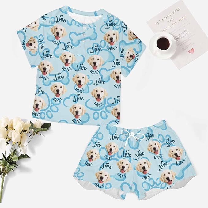 Custom Short Pajamas Set with Face Photo Women‘s Sleepwear Tee Personalized PJ - Image 5