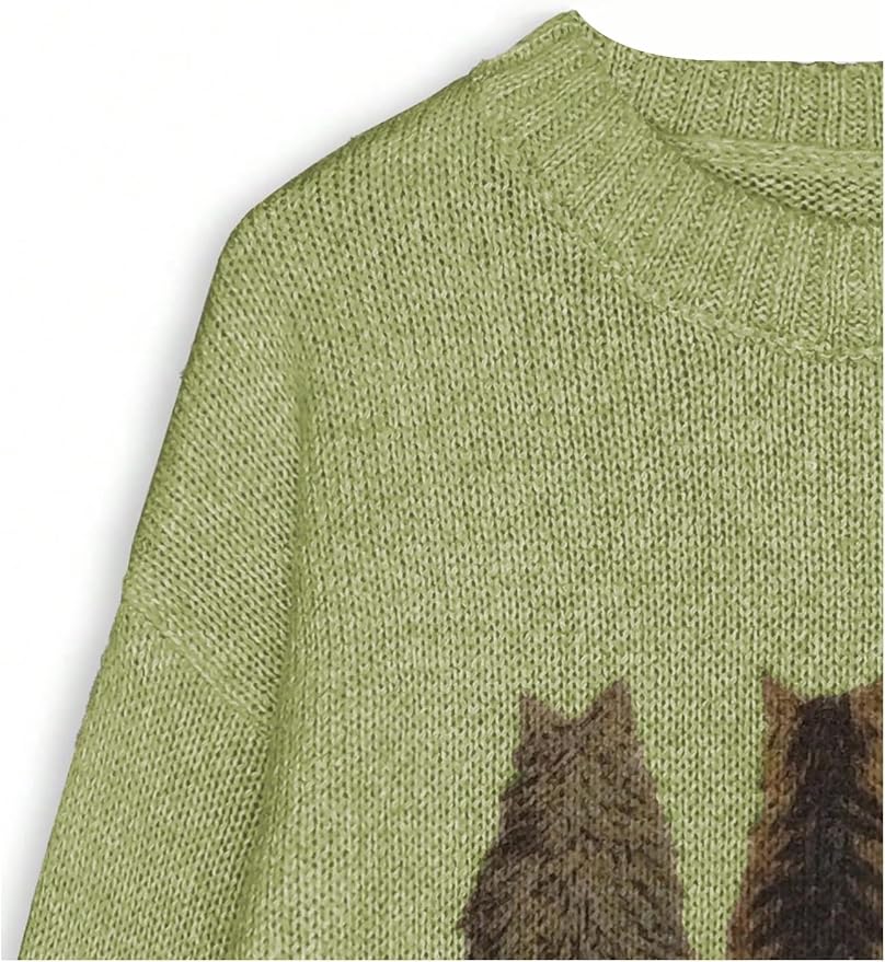 WDIRARA Women's Cat Graphic Sweater Long Sleeve Crew Neck Knit Tops Casual - Image 3