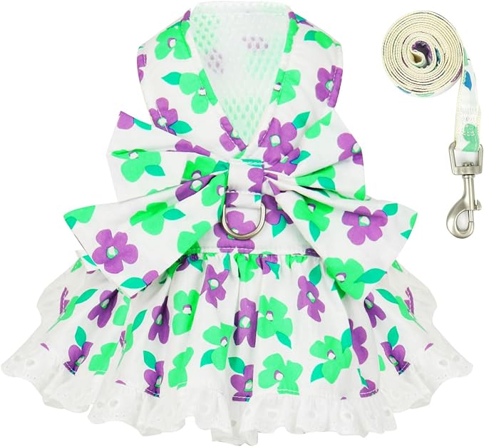 Dog Harness Dress Leash Set for Small Dog Summer Clothes Girl Female Puppy Cats by ABRRLO