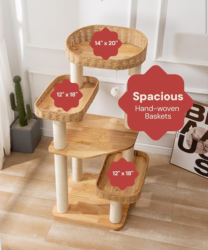 SHENGOCASE Modern Natural Wood Wooden Cat Tree Tower, 3 Large Rattan Wicker - Image 3
