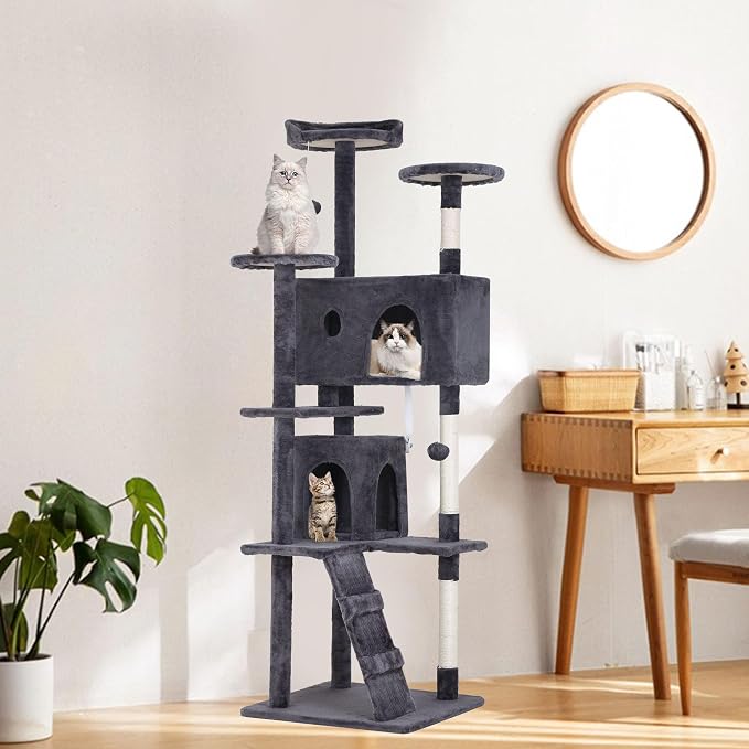 BestPet | 70" Cat Tree Tower | Ashy | Sturdy, Hanging Cat Toys, Observation - Image 2