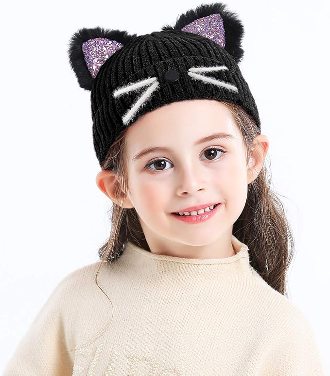 Bellady Mother Children Sequin Cat Ears Hats Warm Knit Crochet Beanies Cute - Image 2