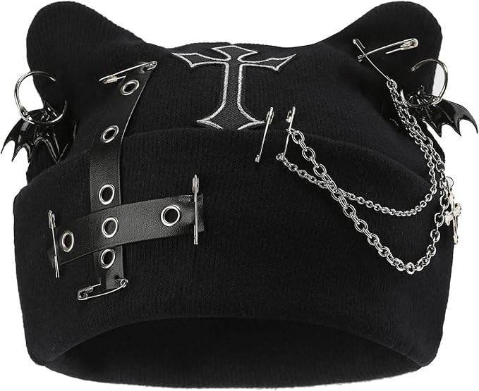 Goth Cat Beanie Goth Hat Accessories Punk Cat Ear Beanie Hat - Image 2