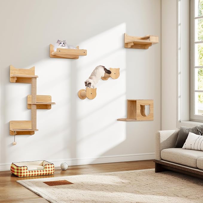 Tangkula Cat Wall Shelves, 6 Pieces Wooden Wall Mounted Kitten Furniture Set - Image 2