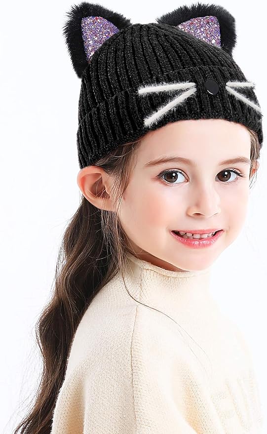 Bellady Mother Children Sequin Cat Ears Hats Warm Knit Crochet Beanies Cute - Image 3