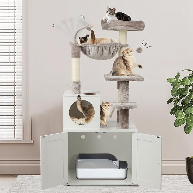 Cat Tree with Litter Box Enclosure, 2-in-1 Cat Tower - Image 8