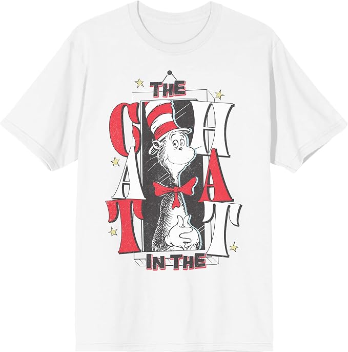 The Cat in The Hat Cat & Stars Adult White Crew Neck Short Sleeve T-Shirt by Bioworld