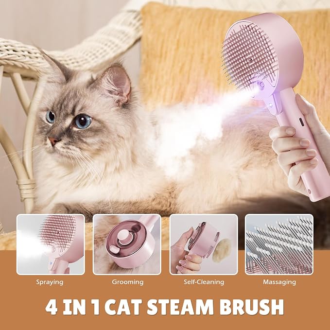 Cat Steam Brush, Cat Brushes for Indoor Cats, 4 In 1Spritz Spray Defur Comb - Image 2