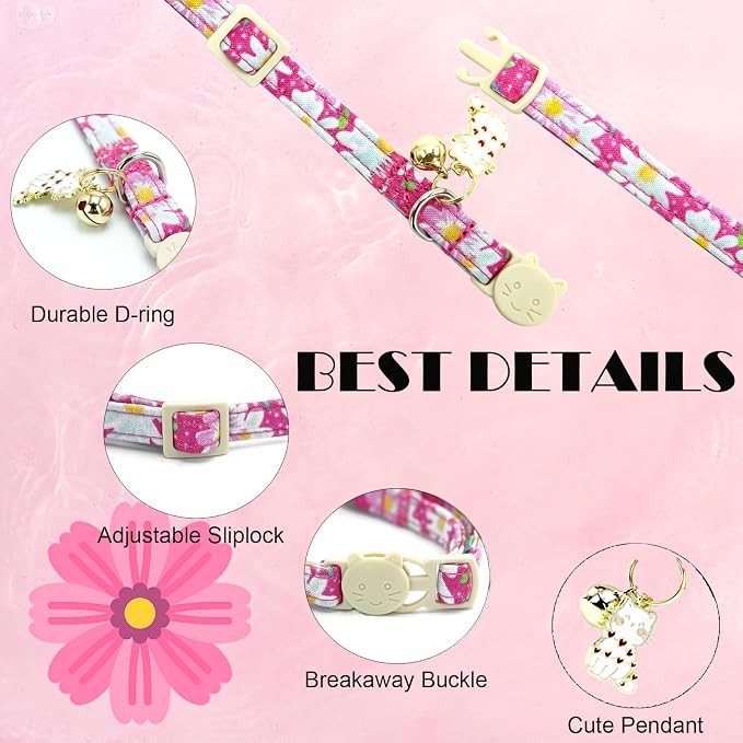 Elegant little tail 2 Pack Cat Collar-Pink Floral Print Cotton Breakaway Cat - Image 2