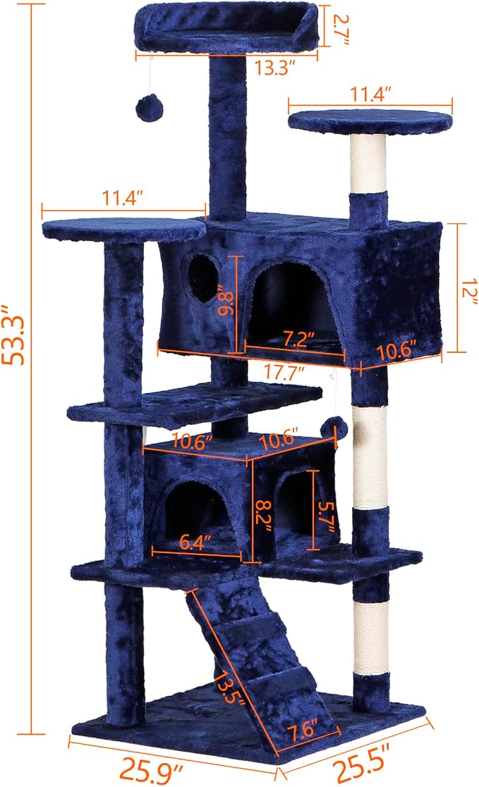 ZENY 53 inches Cat Tree with Sisal-Covered Scratching Posts and 2 Plush Rooms - Image 7