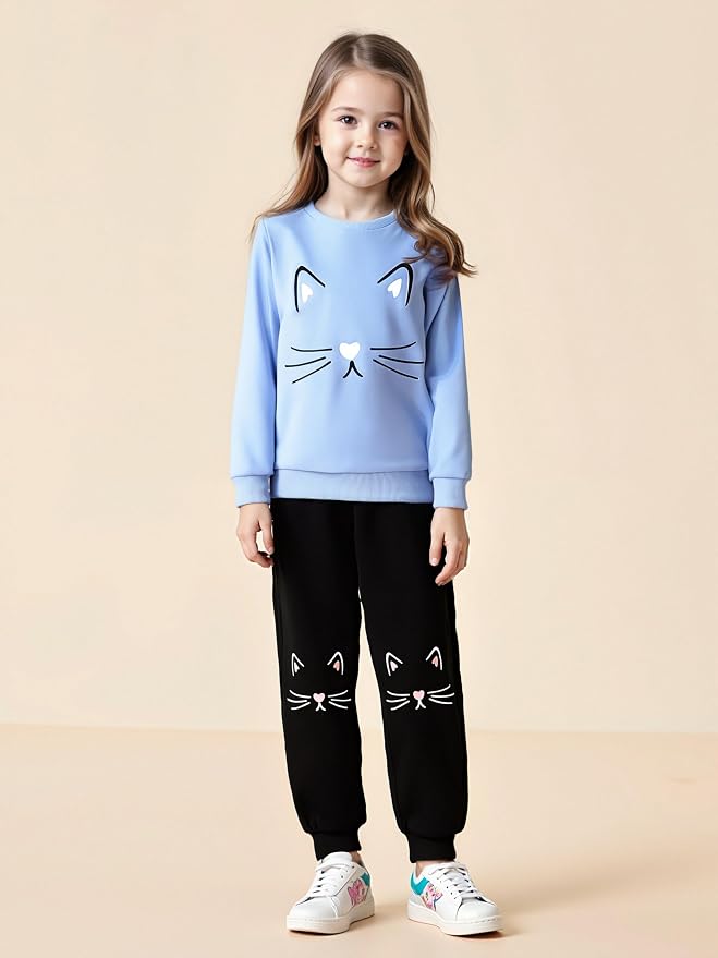 4-8T Toddler Girl Clothes Cat face print Short Sleeve Top+Pants Outfits Girl - Image 4