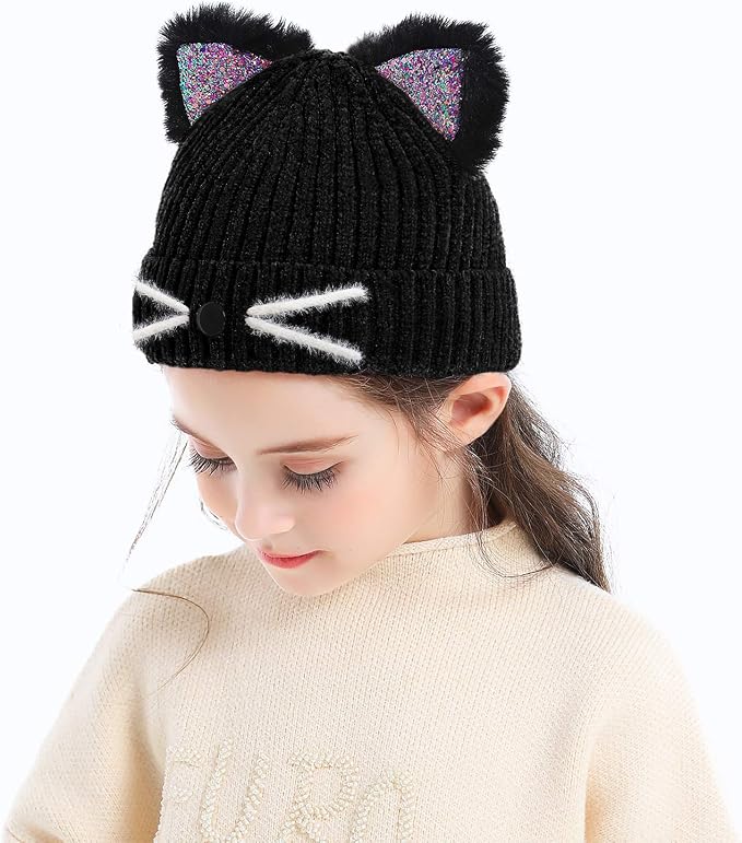 Bellady Mother Children Sequin Cat Ears Hats Warm Knit Crochet Beanies Cute - Image 4