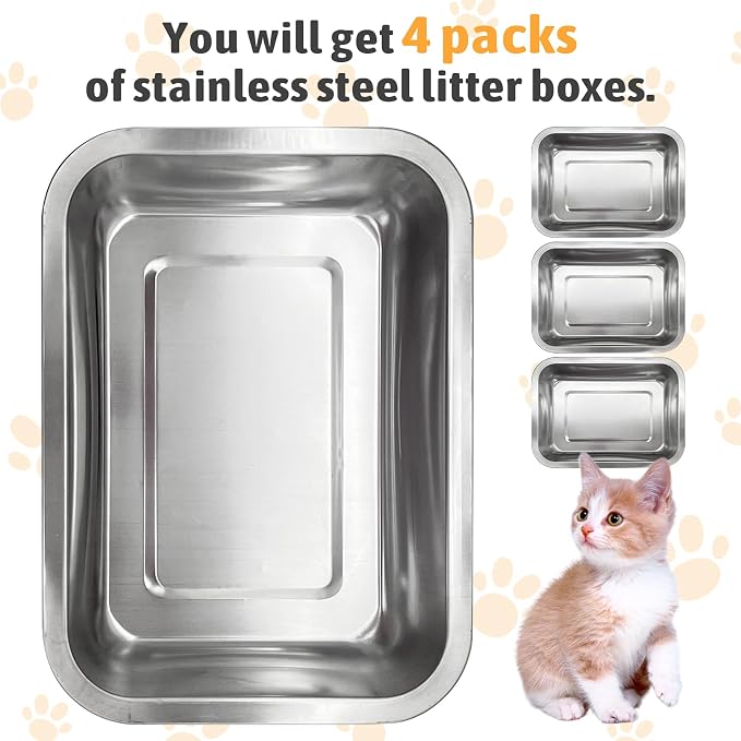 Fhiny 4Pack Stainless Steel Kitten Litter Box, Small Size Low Entry Metal Cat - Image 3