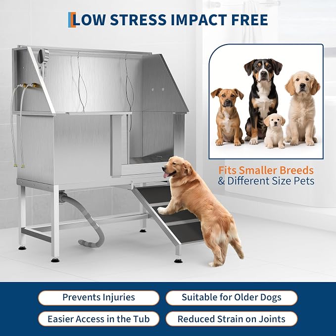 50 Inch Dog Washing Station, Stainless Steel Dog Bathtub with Left Ramps, Pet Dog Bathing Station with Floor Grate, Professional Dog Grooming Tub for Large, Medium, Small Pets - Image 4