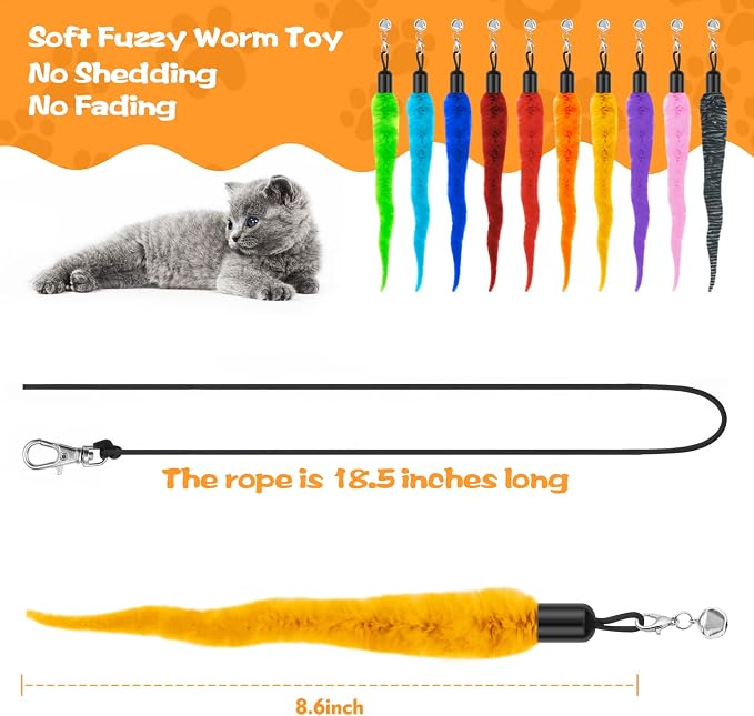 10PCS Cat Worm Toy, Cat Wand Attachment Fuzzy Worm Toys Refill - Image 3
