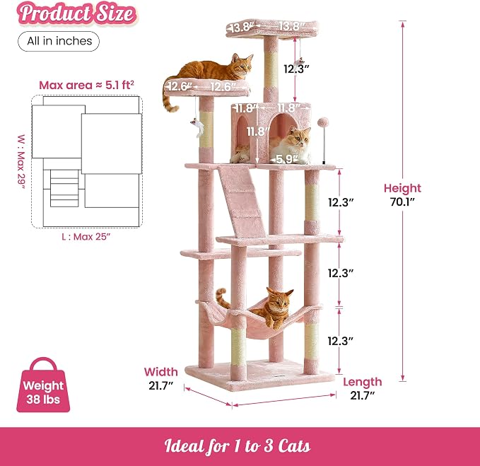 MWPO 70.1-Inch Pink Large Cat Tree, Plush Cat Condo - Image 6
