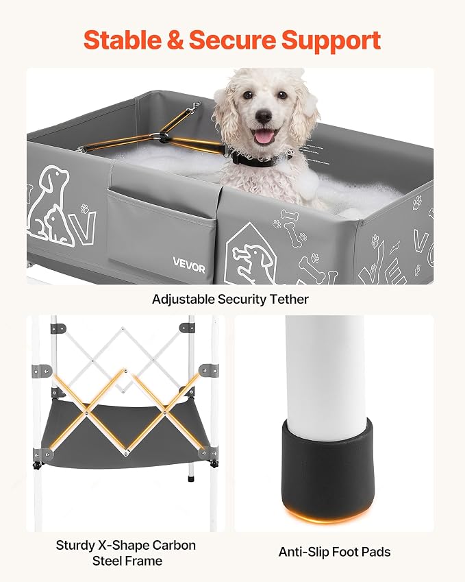 VEVOR Dog Bathtub, Elevated Dog Bath Tub, Collapsible Pet Bathing Grooming Wash Station, Portable Foldable Space-Saving, with Built-in Drain Hose for Small and Medium Pet Cat Indoor & Outdoor, Gray - Image 3