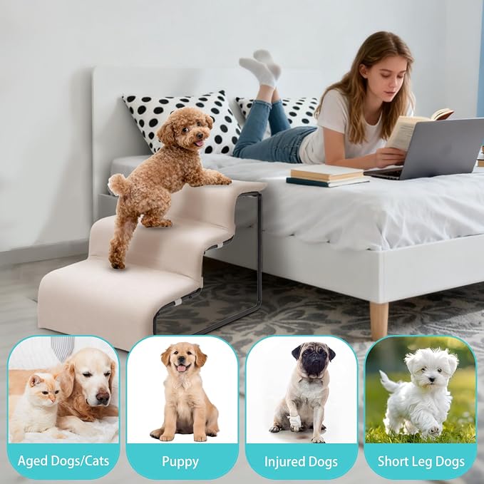 Dog Stairs for Small Dogs 15.4" H, 3-Step Pet Bed Stairs for Dogs to Get On Bed - Image 3