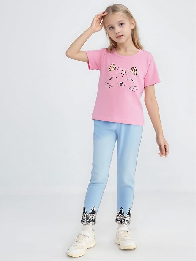 4-8T Toddler Girl Clothes Cat face print Short Sleeve Top+Pants Outfits Girl - Image 2