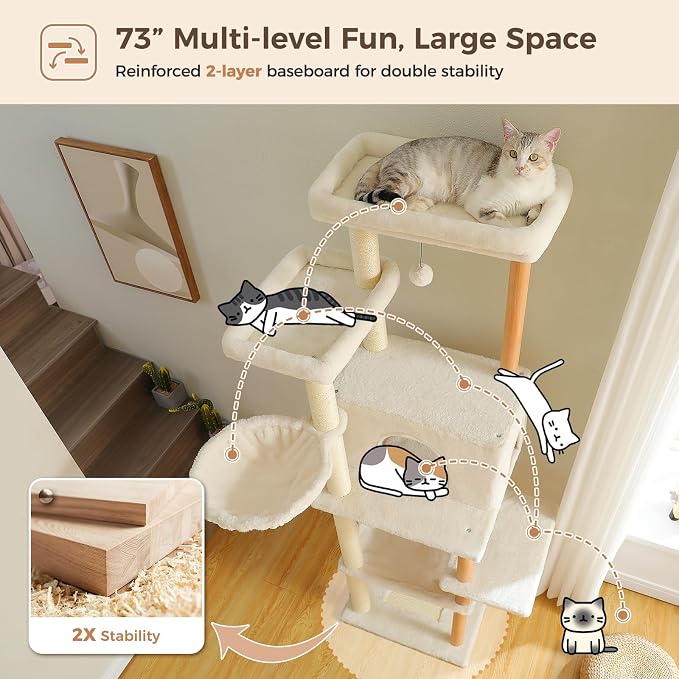 PAWZ Road Large Cat Tree, 73 Inches Tall Wooden Cat Tower - Image 3