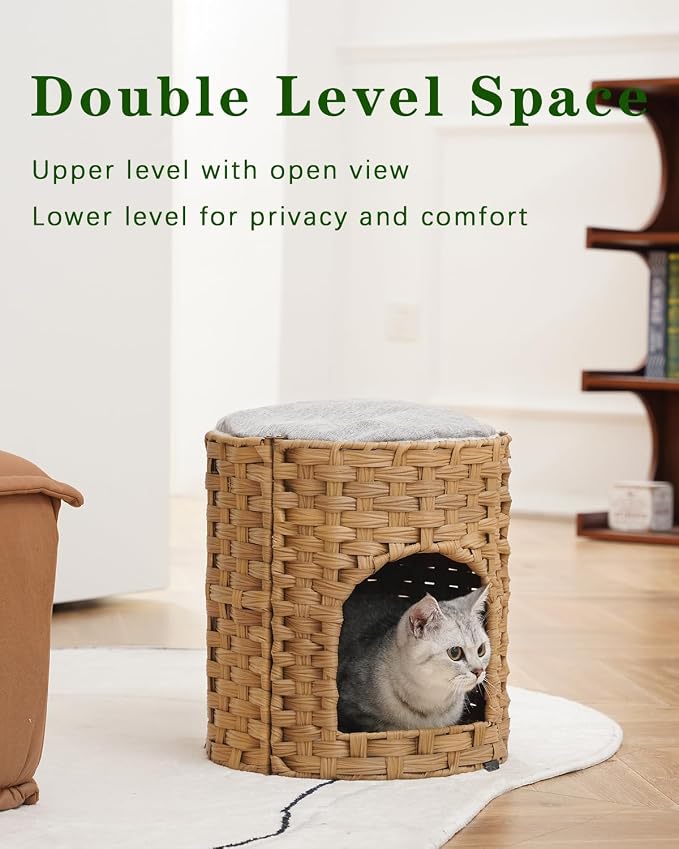 Cat House for Indoor Cat, Small Cat Houses Handwoven PE Rattan Kitten Cave - Image 2