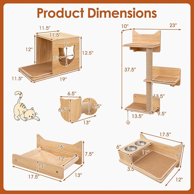 Tangkula Cat Wall Shelves, 6 Pieces Wooden Wall Mounted Kitten Furniture Set - Image 4