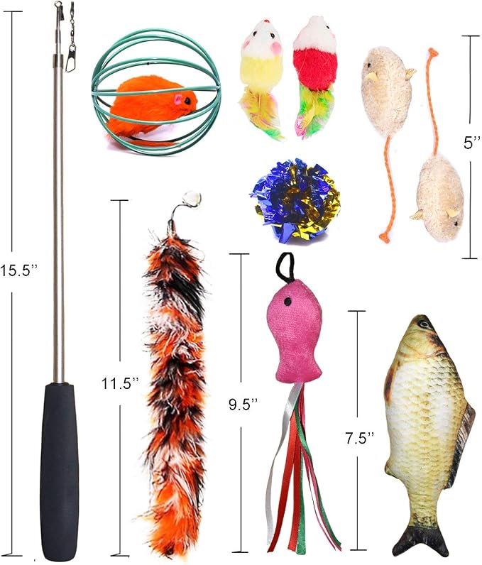 Cat Toys Set, Cat Retractable Teaser Wand, Catnip Fish, Interactive Cat Feather - Image 6