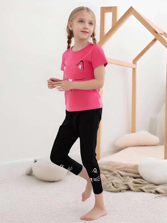 4-8T Toddler Girl Clothes Cat face print Short Sleeve Top+Pants Outfits Girl - Image 2