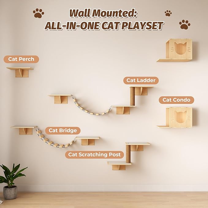 COZIWOW Cat Wall Shelves, 8-In-1 Cat Wall Furniture Set, Wood Large Cat Shelves - Image 5