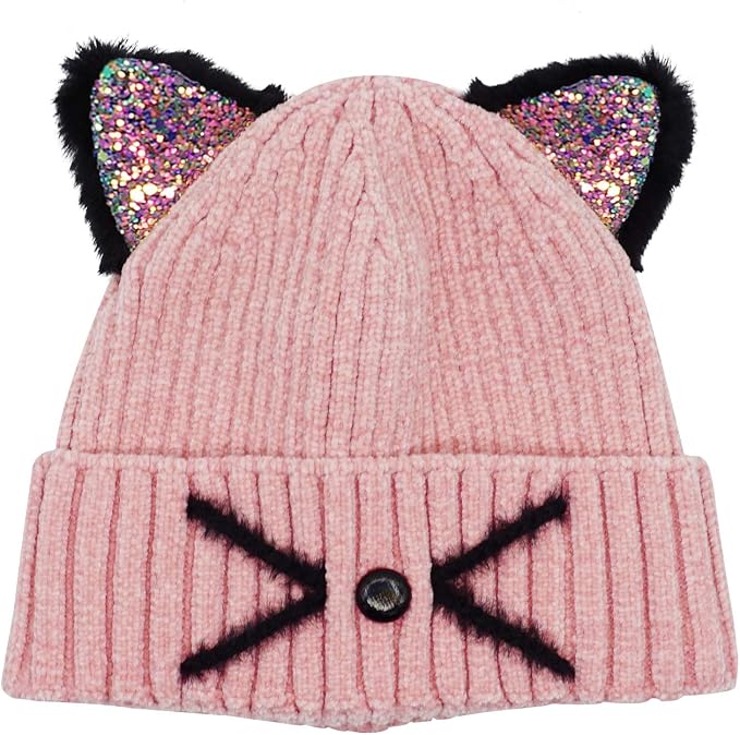 Bellady Mother Children Sequin Cat Ears Hats Warm Knit Crochet Beanies Cute - Image 5