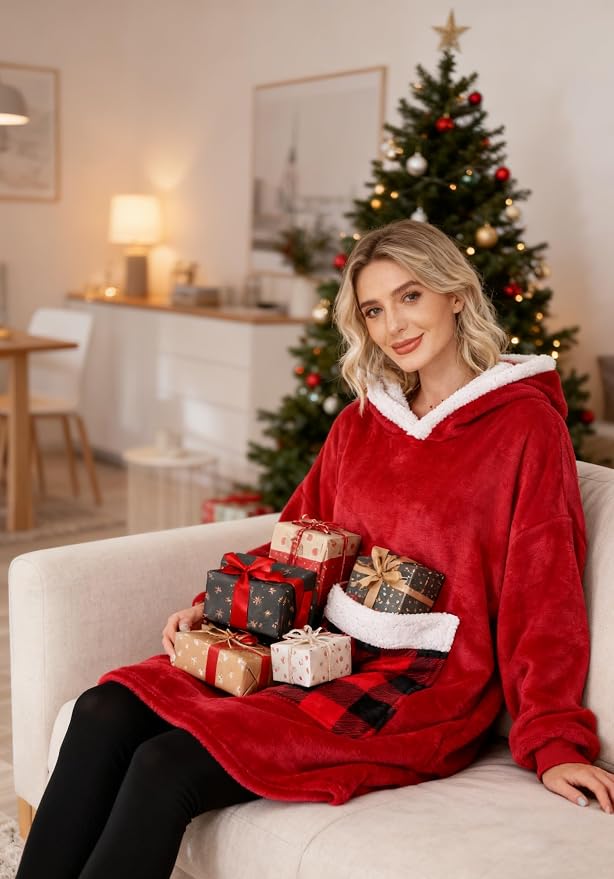 Wearable Blanket Hoodie with Giant Pocket, Soft Warm Sherpa Fleece Oversized - Image 4