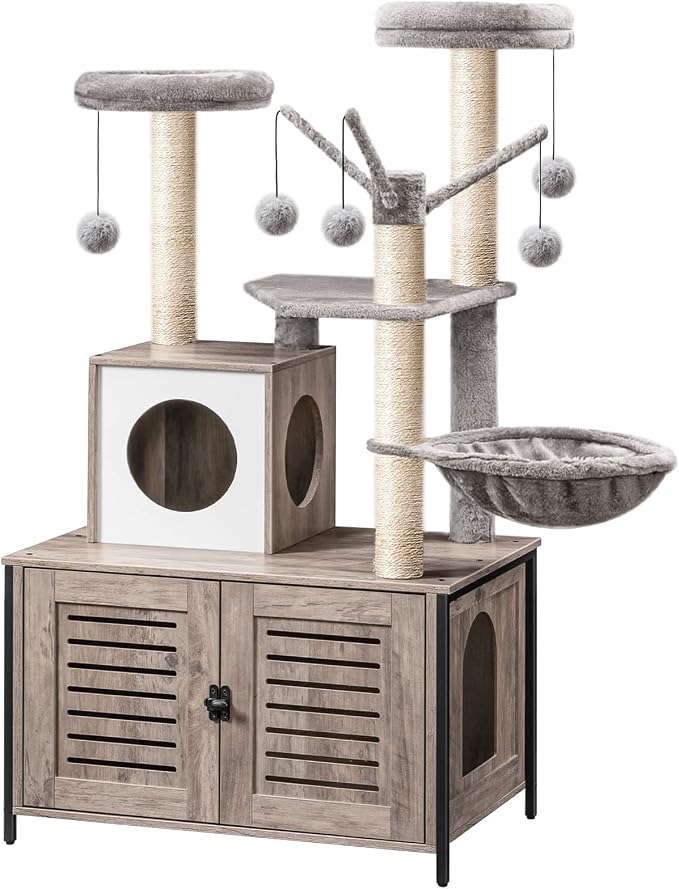 HOOBRO Cat Tree with Litter Box Enclosure, 27.6" L x 18.9" W x 52" H, by HOOBRO