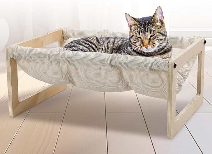 Cat Bed with Removable Washable Cushion, 9.5" Elevated Wooden Cat Hammock Bed by EUIJOIP