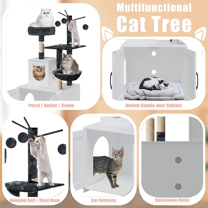 Cat Tree with Litter Box, Wood Litter Box Enclosure with Food Station, Modern - Image 4
