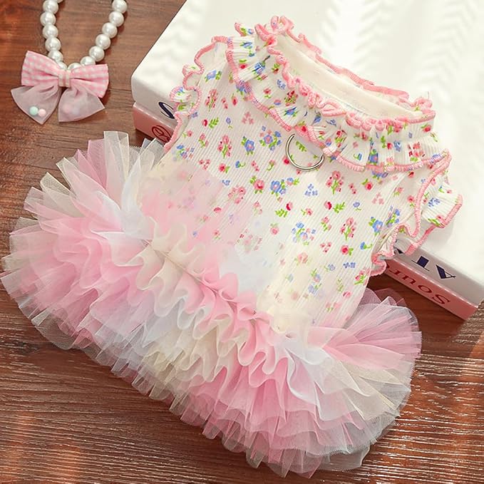 Floral Puppy Dress with D-Ring Ruffled Small Dog Clothes Female Spring Cat - Image 4