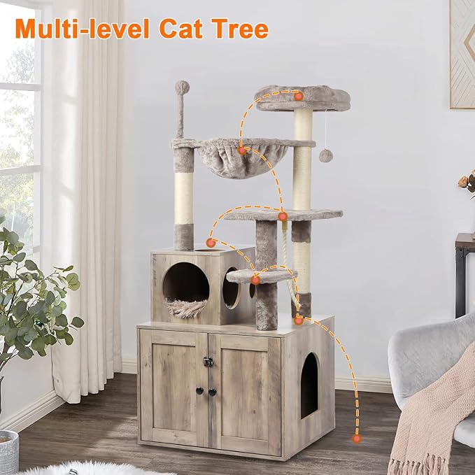 Cat Tree with Litter Box Enclosure, 2-in-1 Cat Tower - Image 4