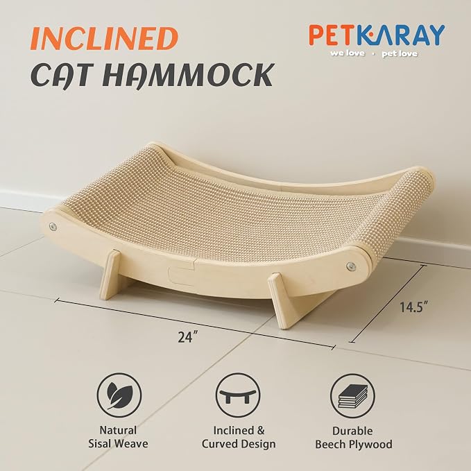 PETKARAY Inclined Sisal Cat Scratcher Bed, Curved Wooden Cat Hammock Chair - Image 2